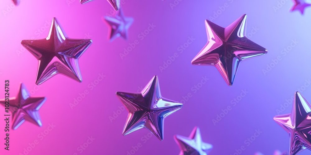 Shiny, three-dimensional stars in pink and purple hues creating a whimsical atmosphere. Shiny, three-dimensional stars in pink and purple hues creating a whimsical atmosphere.