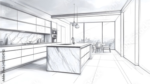 A modern kitchen with marble and wood accents, featuring an island with black metal legs and white cabinetry. The background is a pencil sketch of the same room