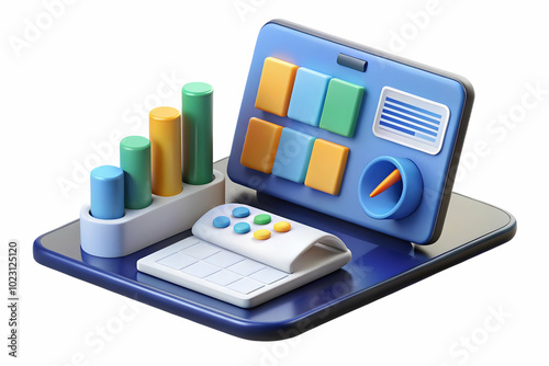 3D Glossy Desktop with Marketing Calendar and Digital Tools: Close-Up of a Reflective Workspace Perfect for Marketing Officers, Featuring a Tablet and Organized Planning Elements