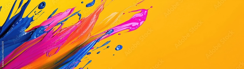 Vibrant splash of pink, blue, and yellow paint against a bright orange background, perfect for creative projects and artistic themes. Vibrant splash of pink, blue, and yellow paint against a bright orange background, perfect for creative projects and artistic themes.