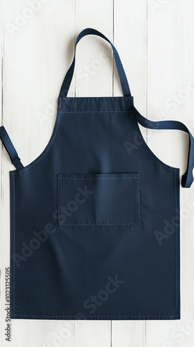 Navy blue kitchen apron with front pocket hanging against white wooden background, showcasing simple design and practicality for cooking and baking. photo