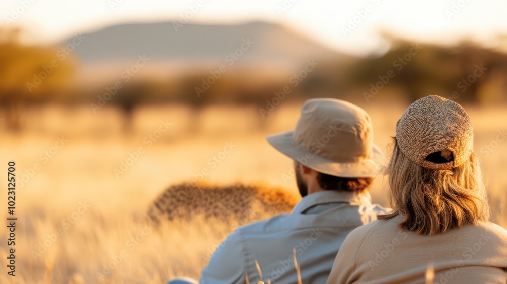 A couple, backs to the camera, enjoys a breathtaking savannah sunset in close proximity to a cheetah, symbolizing adventure, romance, and serenity. A couple, backs to the camera, enjoys a breathtaking savannah sunset in close proximity to a cheetah, symbolizing adventure, romance, and serenity.