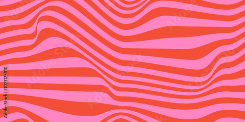 Abstract horizontal background with dynamic waves. Trendy vector illustration in style retro 60s, 70s. Red and pink colors	