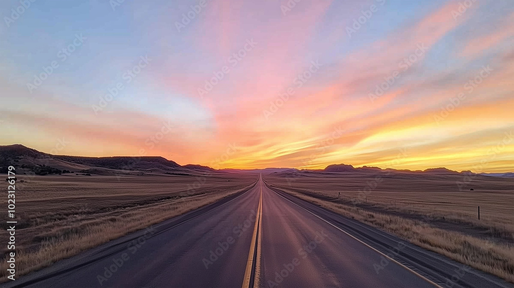 Fototapeta premium 夕焼けに続く果てしない道