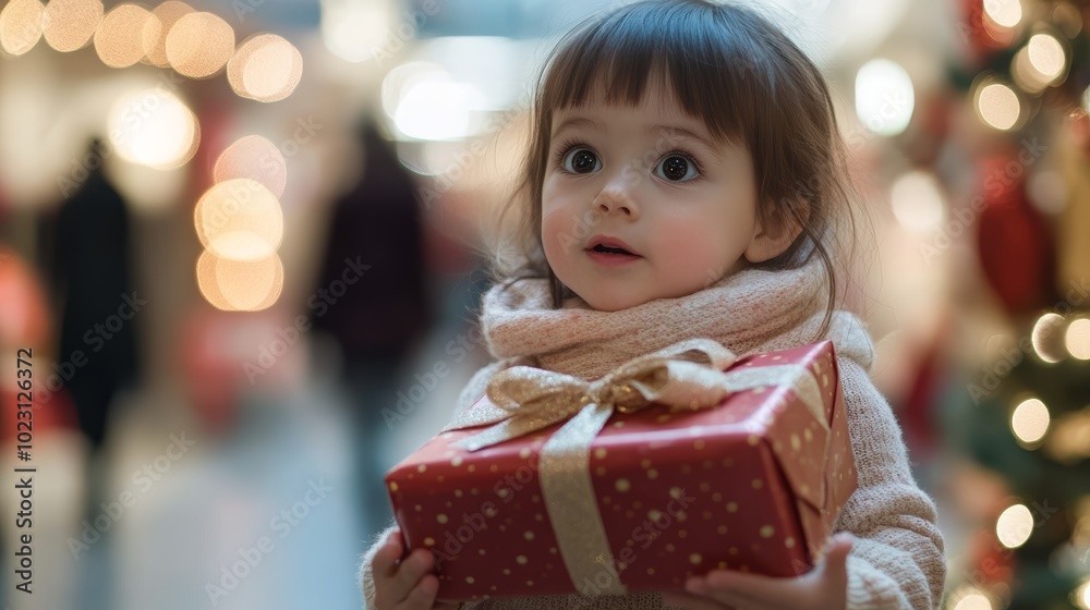 Curious young girl holding a beautifully wrapped Christmas present.