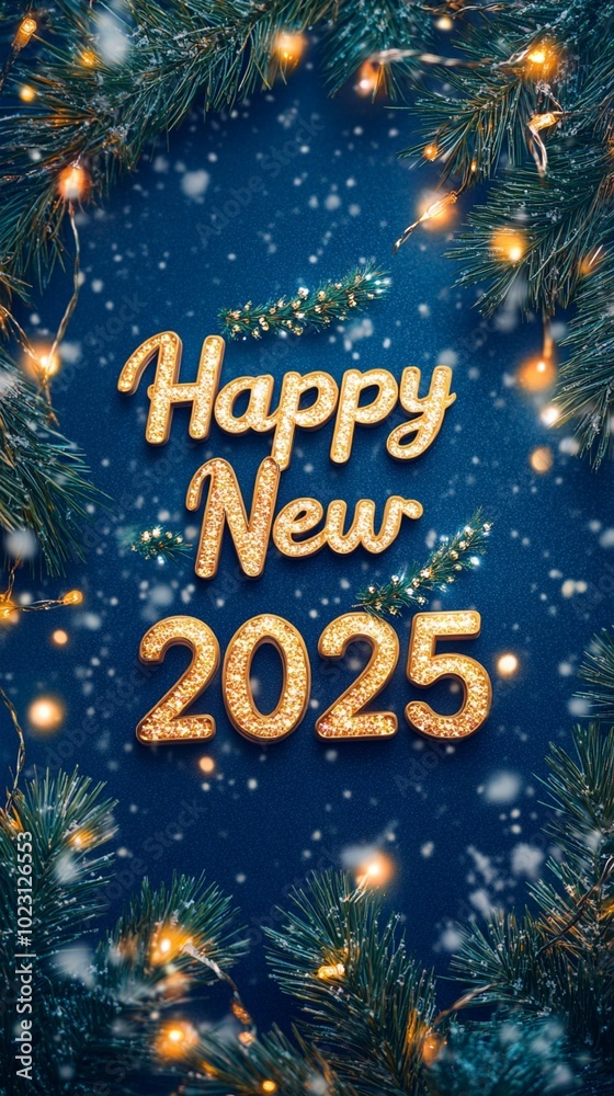 Festive New Year 2025 greeting card with glowing golden text surrounded by pine branches and twinkling lights against a snowy blue night sky background. Festive New Year 2025 greeting card with glowing golden text surrounded by pine branches and twinkling lights against a snowy blue night sky background.
