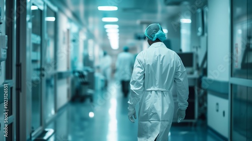 Medical staff in protective clothing navigate a busy hospital corridor, reflecting the active environment of healthcare