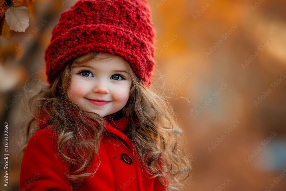 Smiling girl in a red coat and knit hat amidst autumn leaves. Smiling girl in a red coat and knit hat amidst autumn leaves.