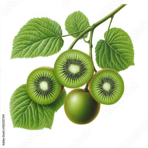 Illustration of fresh green kiwifruits on a branch with vibrant leaves, showcasing natural beauty and healthy produce. photo