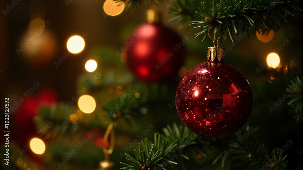 Close-up of Christmas tree lights reflecting off shiny baubles with a bokeh effect with copy space. Close-up of Christmas tree lights reflecting off shiny baubles with a bokeh effect with copy space.