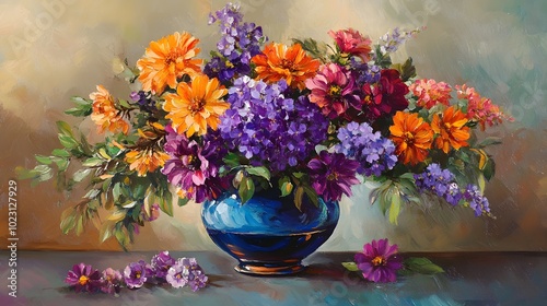 A vibrant bouquet of colorful flowers in an elegant blue glass vase, with bright orange and purple blossoms, green leaves, and yellow daisies