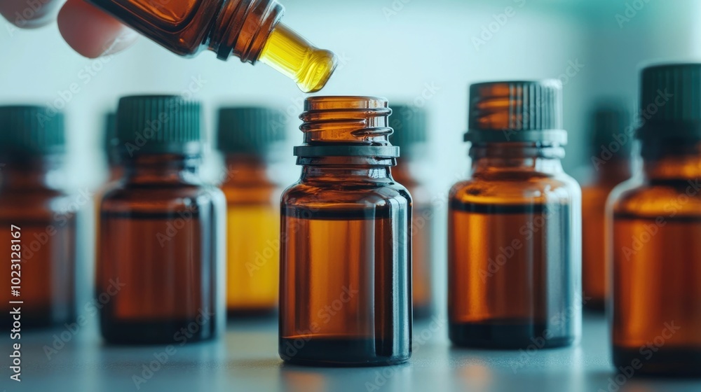 Closeup view of hands carefully pouring natural essential oils into small glass bottles creating homemade herbal remedies and holistic remedies at a home apothecary studio with shallow depth of field Closeup view of hands carefully pouring natural essential oils into small glass bottles creating homemade herbal remedies and holistic remedies at a home apothecary studio with shallow depth of field