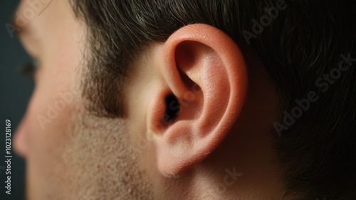 Close-up of Caucasian male ear with short brown hair photo