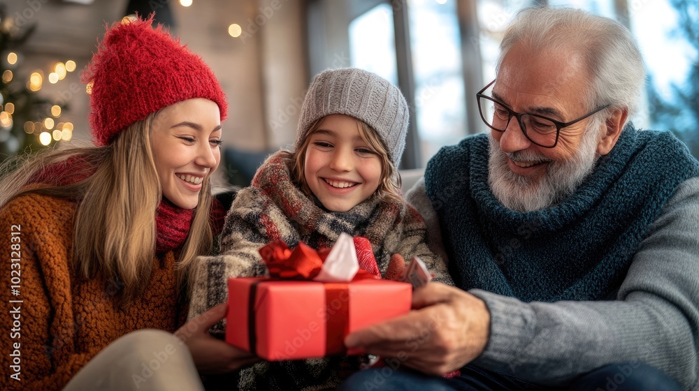 Joyful family sharing a moment by the fireplace, celebrating the holiday with presents and warm smiles. Joyful family sharing a moment by the fireplace, celebrating the holiday with presents and warm smiles.