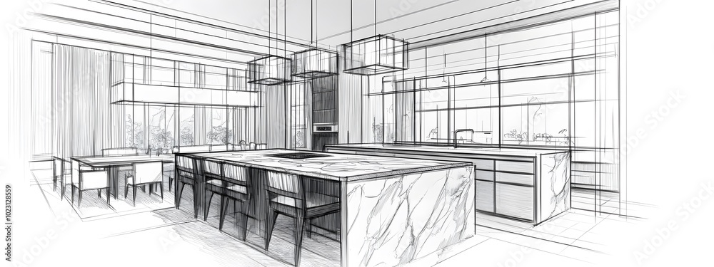 Fototapeta premium A modern kitchen with marble and wood accents, featuring an island with black metal legs and white cabinetry. The background is a pencil sketch of the same room