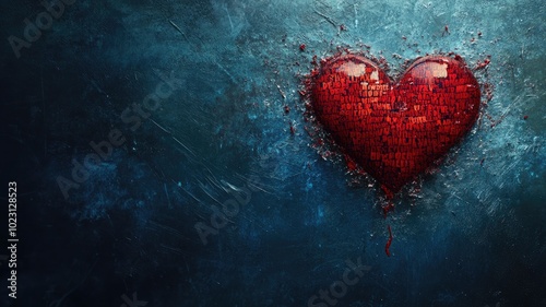Red heart made of mosaic tiles set against dark textured background