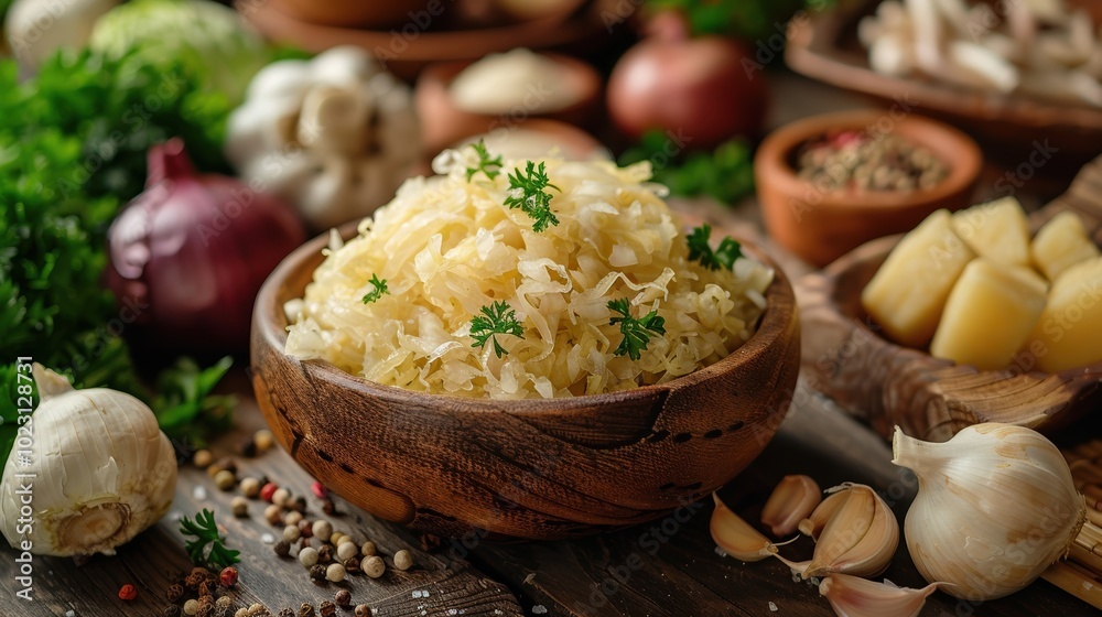 A rustic wooden bowl filled with fresh sauerkraut, garnished with parsley, surrounded by an array of vegetables and spices, creating a cozy kitchen atmosphere A rustic wooden bowl filled with fresh sauerkraut, garnished with parsley, surrounded by an array of vegetables and spices, creating a cozy kitchen atmosphere