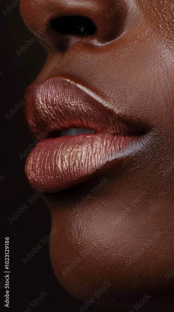 A woman's lips are painted with a gold lip color A woman's lips are painted with a gold lip color