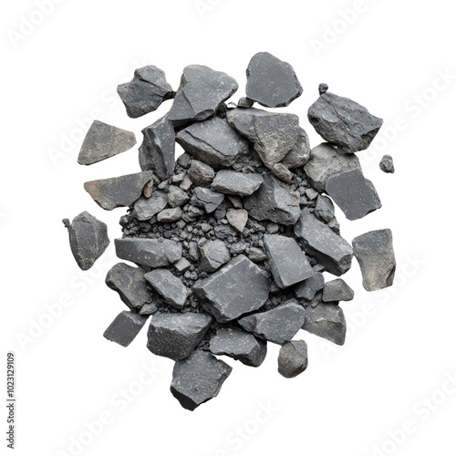 Black rocks arranged in a pile on a white isolate background. Transparent PNG photo