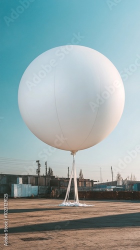 Massive white weather balloon anchored in urban setting, contrasting against clear turquoise sky. Industrial buildings visible in background, creating surreal scene. photo