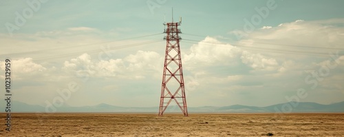 Power Line Tower in a Vast Open Field Dramatic Sky with Clouds