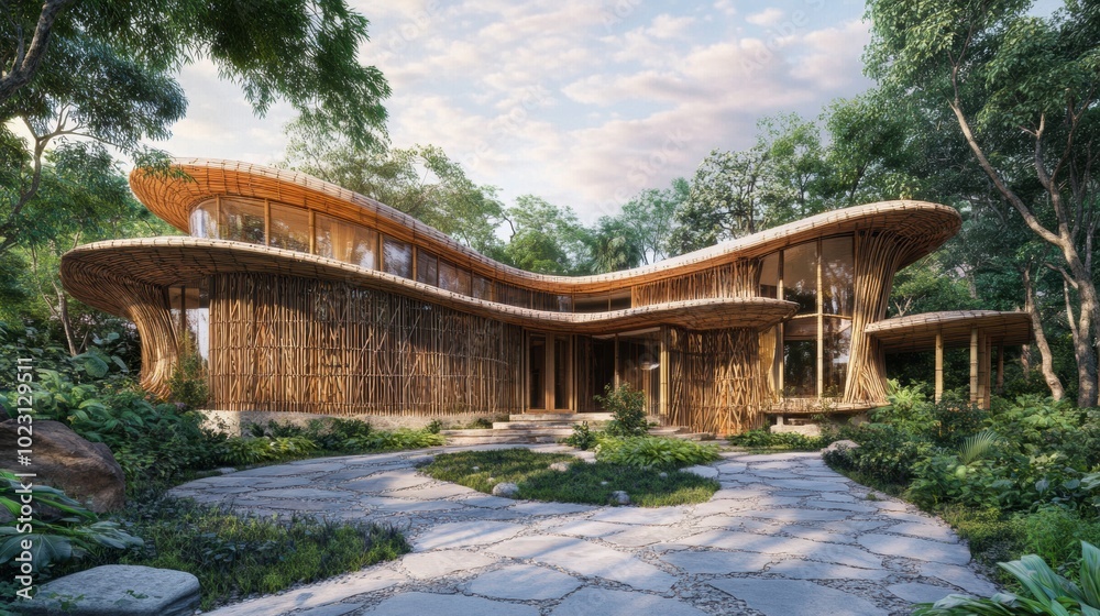 Modern eco-friendly house blending with nature in a lush setting. Modern eco-friendly house blending with nature in a lush setting.
