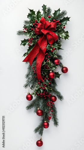Festive holiday swag adorned with vibrant red ribbon, shiny ornaments, and lush greenery creates an elegant Christmas decoration against a white backdrop.