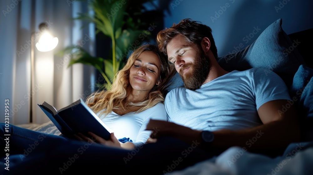 A serene couple enjoys bedtime reading, nestled together under soft lighting, creating an intimate and soothing setting perfect for unwinding and connection. A serene couple enjoys bedtime reading, nestled together under soft lighting, creating an intimate and soothing setting perfect for unwinding and connection.