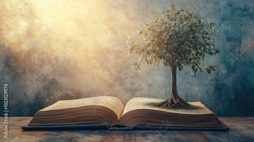 Tree growing from open book symbolizes knowledge and growth