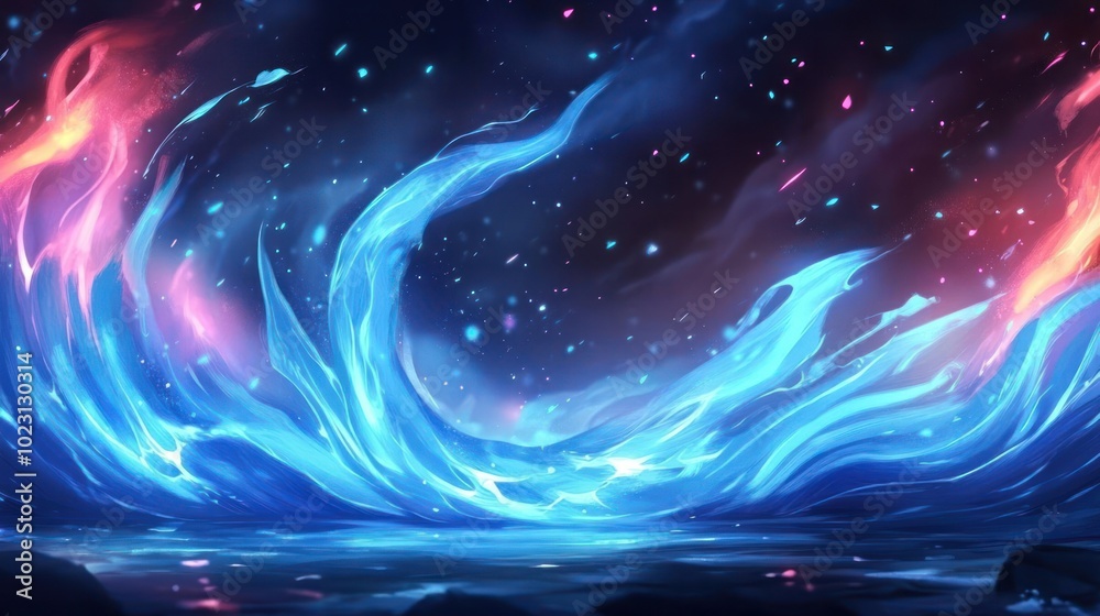 Fototapeta premium A vibrant, swirling ocean wave illuminated by cosmic colors against a dark background.