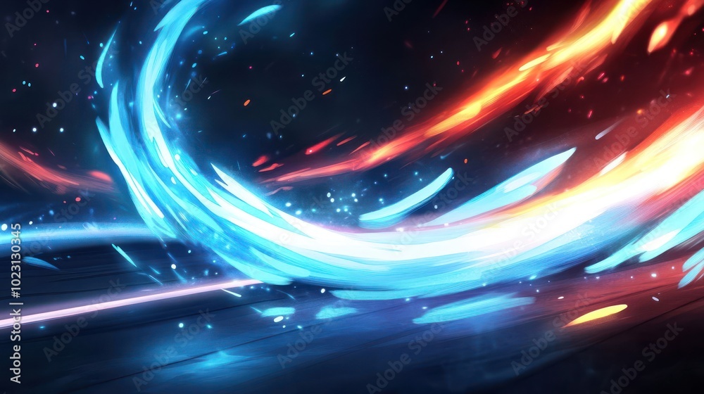 Obraz premium Abstract swirling blue and orange light with sparkling effects on a dark background.