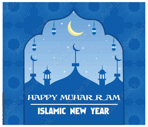 Islamic design in the form of Hijri muharram background and Islamic new year greeting card template with islamic frame, crescent moon and mosque decoration. flat vector modern illustration