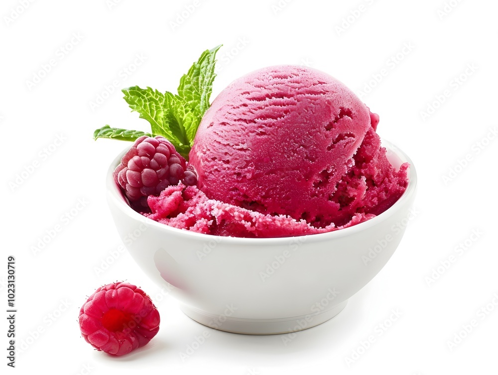 Vibrant Raspberry Sorbet Scoop with Fresh Mint Leaf in Simple White Bowl Capturing Summer Essence Vibrant Raspberry Sorbet Scoop with Fresh Mint Leaf in Simple White Bowl Capturing Summer Essence