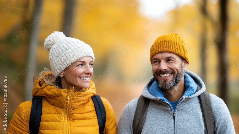 A smiling couple, geared up in vibrant autumn jackets and knitted hats, embarks on an outdoor adventure, representing the joy of exploration and togetherness. A smiling couple, geared up in vibrant autumn jackets and knitted hats, embarks on an outdoor adventure, representing the joy of exploration and togetherness.