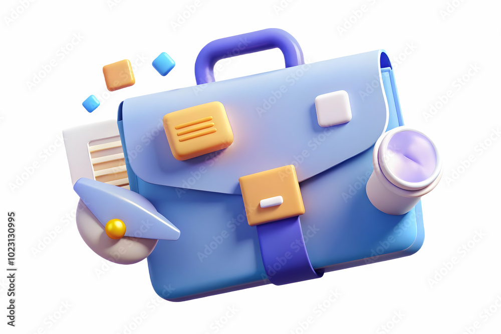 3D Glowing Abstract Briefcase with Floating Marketing Documents - Dynamic Image Representing Organized Marketing Planning Strategy on Isolated White Background