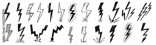 Doodle thunder lightning stroke storm energy sketch scribble set hand drawn simple line elements for scrapbook, mark, notebook.