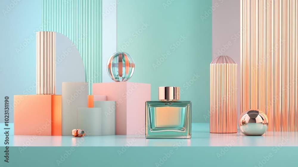 Stylish perfume bottle surrounded by geometric shapes against a pastel backdrop, perfect for beauty and fashion displays. Stylish perfume bottle surrounded by geometric shapes against a pastel backdrop, perfect for beauty and fashion displays.