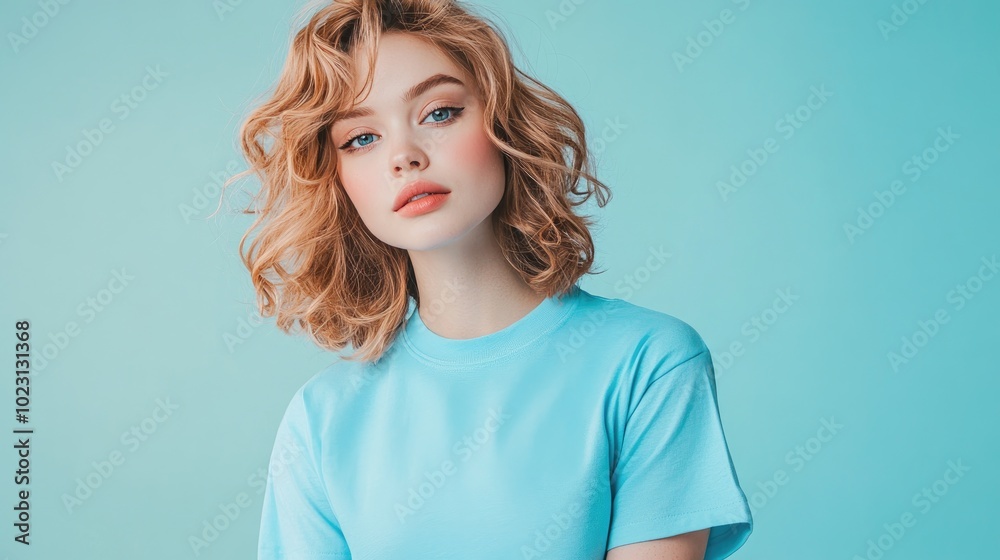 Stylish young woman poses confidently in a light blue t-shirt against a soft turquoise background, showcasing modern fashion trends. Stylish young woman poses confidently in a light blue t-shirt against a soft turquoise background, showcasing modern fashion trends.