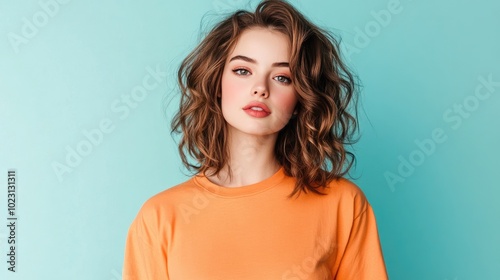 Stylish woman with wavy hair wearing an orange shirt against a blue background, showcasing modern fashion and beauty trends. photo