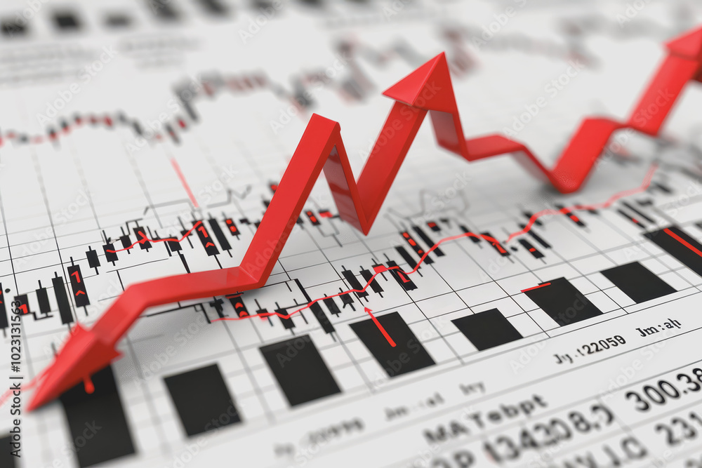 Minimalist stock market downturn graph with arrow plunging downwards on a white background. Minimalist stock market downturn graph with arrow plunging downwards on a white background.