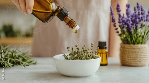 Artisanal process of creating a massage oil blend by carefully mixing essential oils and carrier oils to produce a luxurious aromatherapeutic treatment for relaxation wellness and self care photo