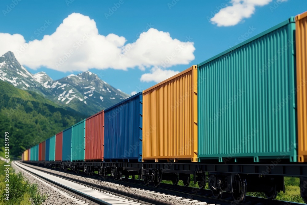 Fototapeta premium Cargo Train with Colorful Containers on Mountain Landscape