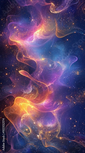 Colorful cosmic abstract art with vibrant hues of purple, orange, and blue.