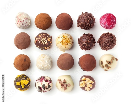 Assortment of Gourmet Chocolate Truffles Displayed on White Background