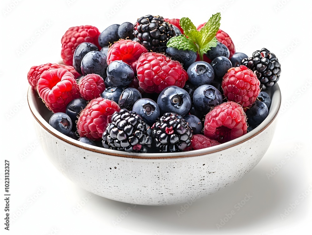 Vibrant Bowl of Freshly Picked Mixed Berries on White Background with Copy Space Vibrant Bowl of Freshly Picked Mixed Berries on White Background with Copy Space
