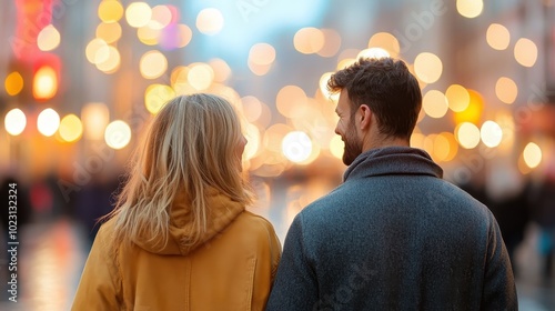 A couple seen from behind walks through a bokeh-adorned city street, with gentle twilight hues, representing companionship and serene evening atmosphere in urban life.