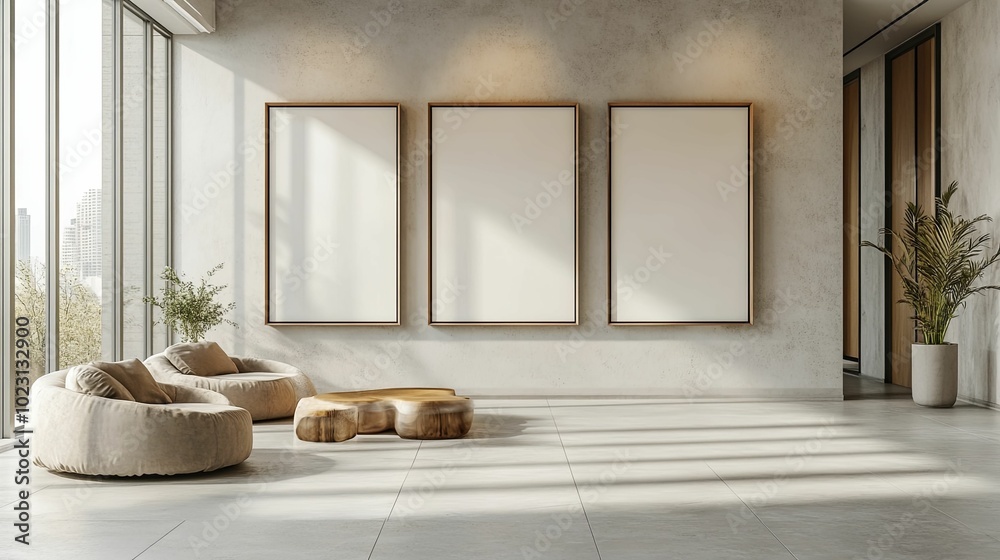 Modern Lobby Interior with Empty Canvas Frames and Beige Armchairs Modern Lobby Interior with Empty Canvas Frames and Beige Armchairs