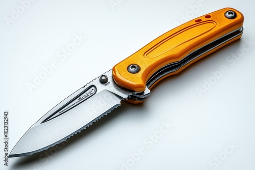 A folding knife with a serrated edge and an orange handle, designed for practical use.