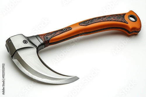 A curved knife with an orange handle, designed for cutting or harvesting. photo