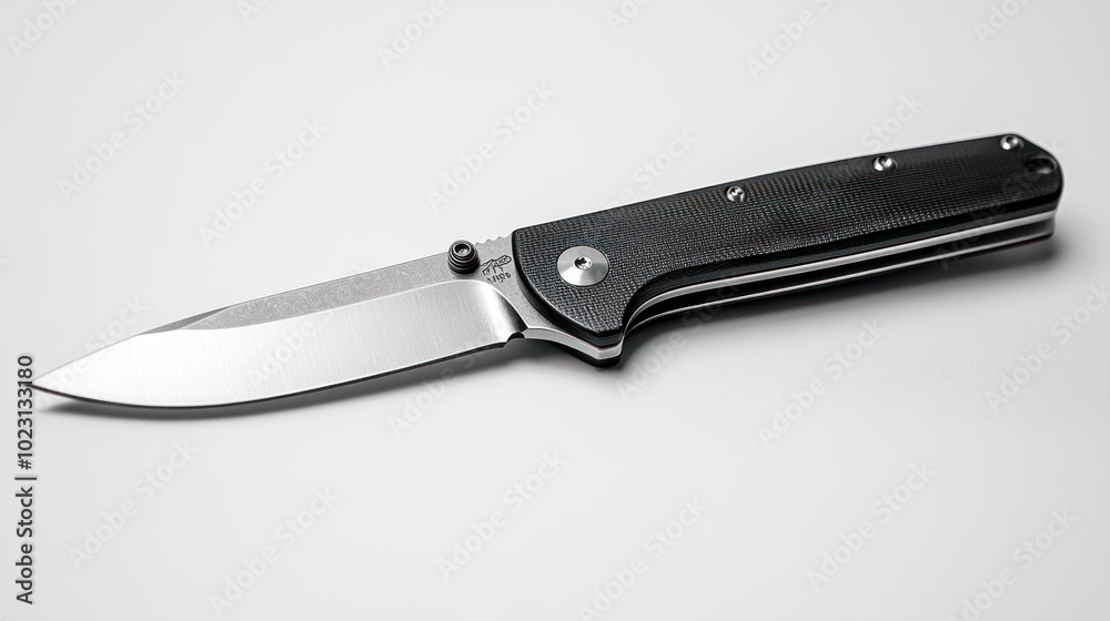 A sleek folding knife with a stainless steel blade and textured black handle.